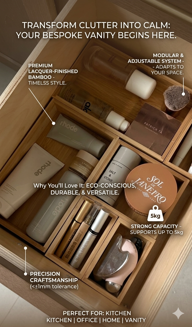 Premium Bamboo Drawer Organizer Set – Adjustable 5-Piece Modular Storage System