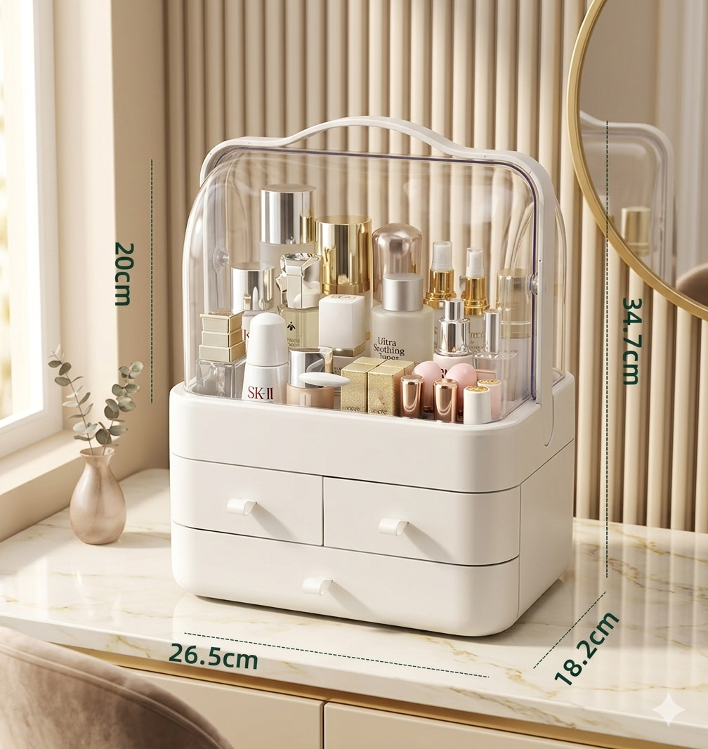 Néa collection™ Dustproof Vanity Makeup Organizer with Drawers & Clear Flip Cover