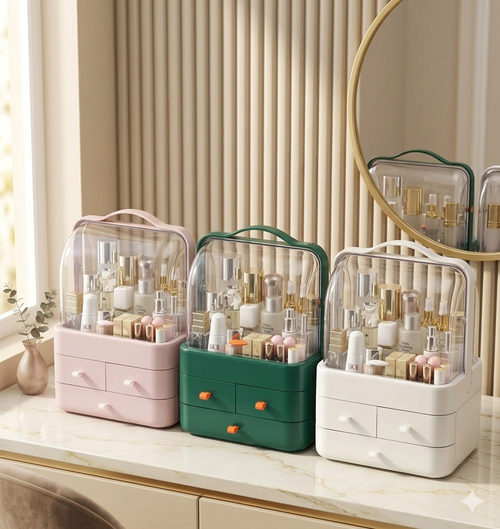 Three cosmetic storage boxes in pink, green, and white on a vanity with a mirror in the background.