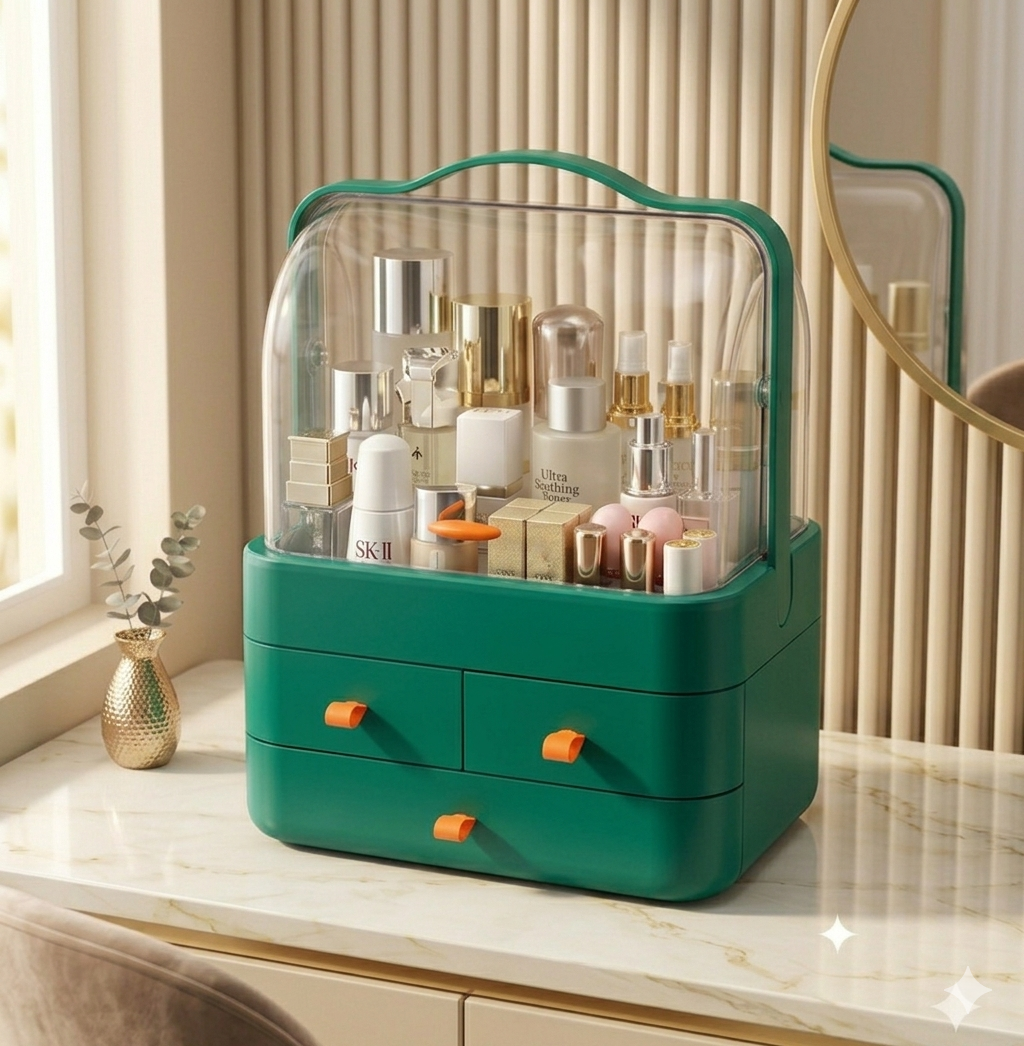 Néa collection™ Dustproof Vanity Makeup Organizer with Drawers & Clear Flip Cover