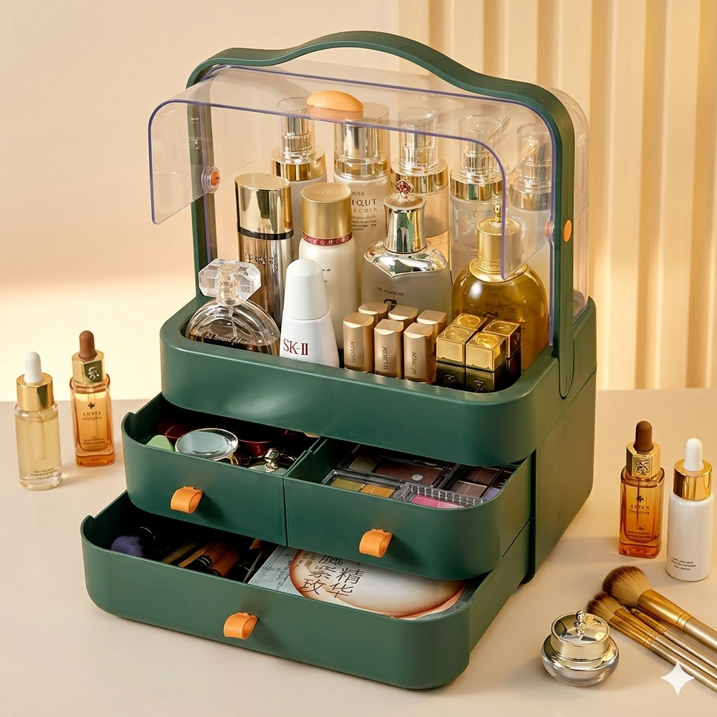Néa collection™ Dustproof Vanity Makeup Organizer with Drawers & Clear Flip Cover
