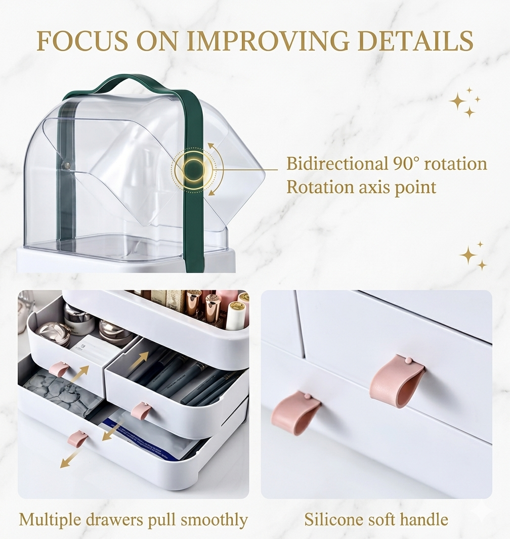 Néa collection™ Dustproof Vanity Makeup Organizer with Drawers & Clear Flip Cover