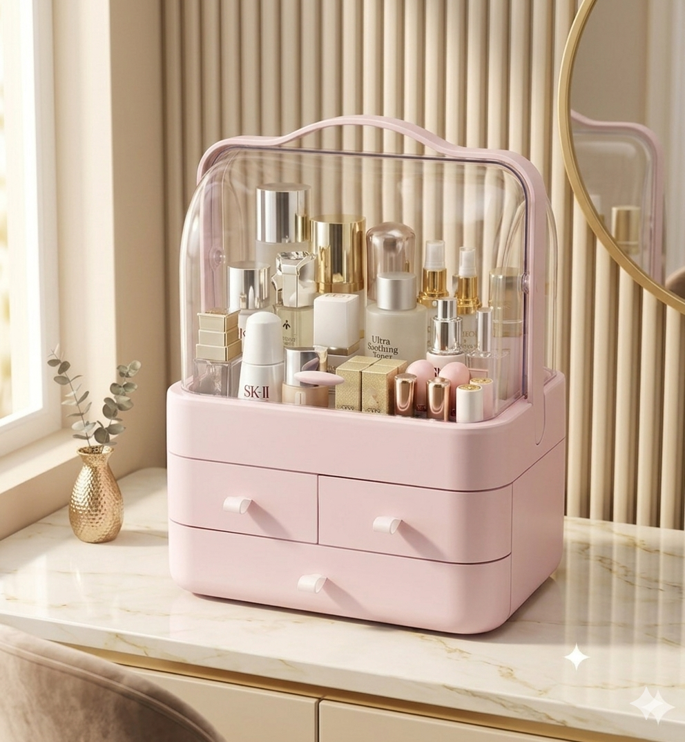 Néa collection™ Dustproof Vanity Makeup Organizer with Drawers & Clear Flip Cover