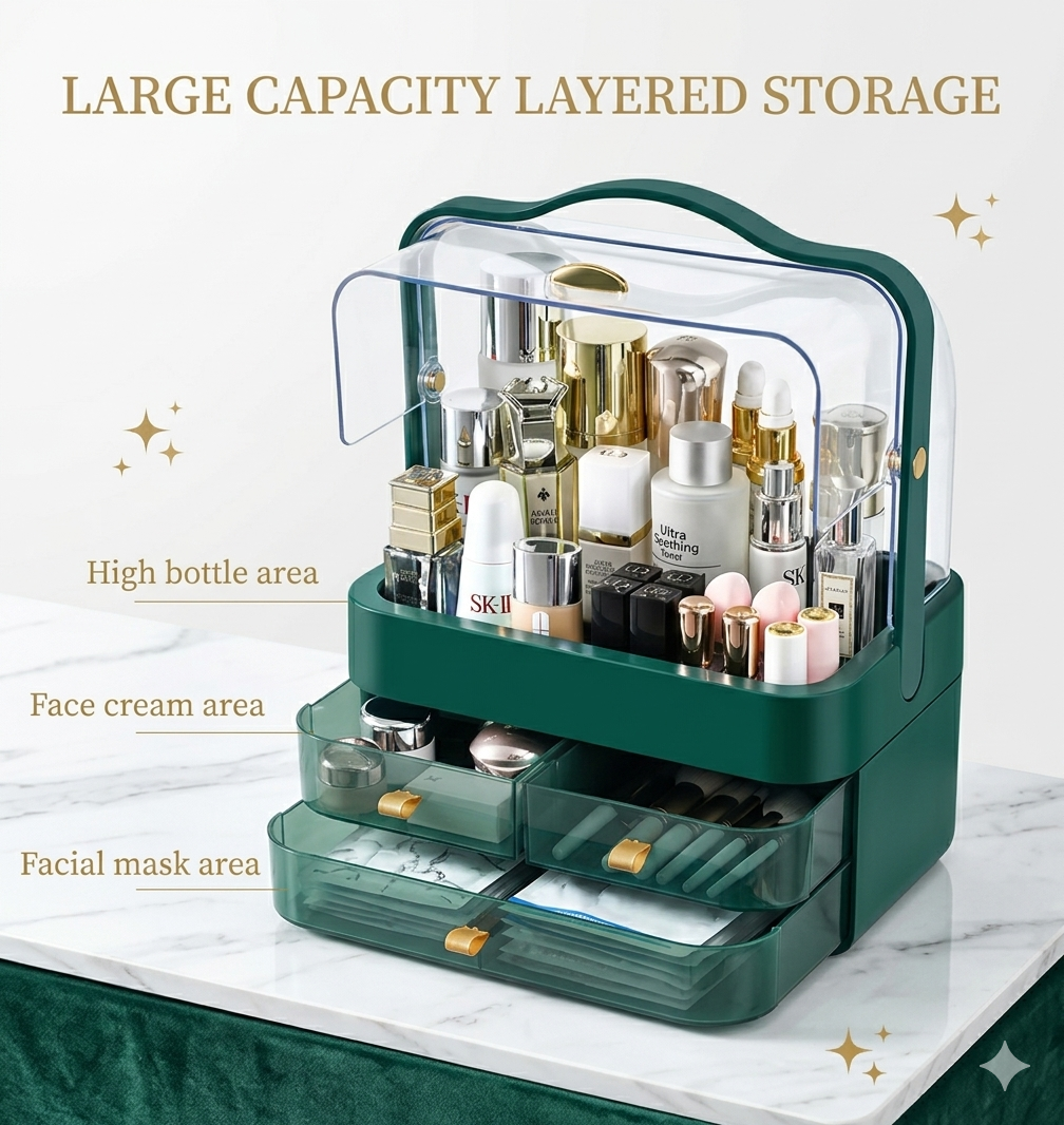 Néa collection™ Dustproof Vanity Makeup Organizer with Drawers & Clear Flip Cover